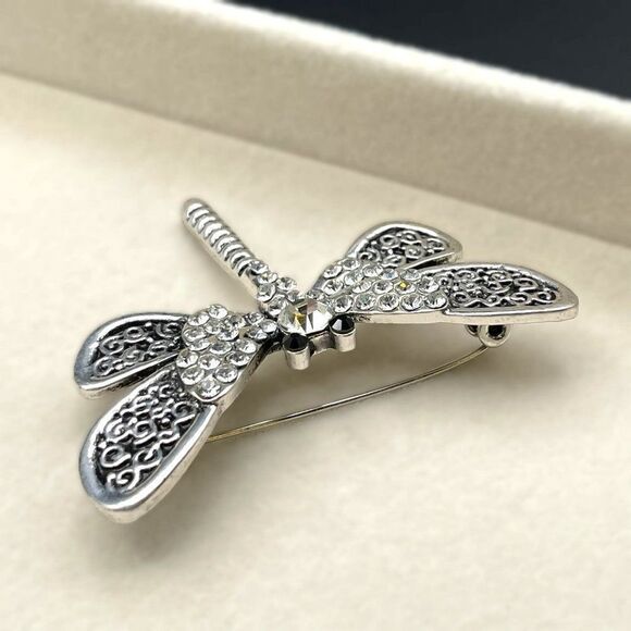 Silver with White Diamond and Onyx Crystal Filigree Dragonfly Pin Back Brooch - Picture 5 of 7